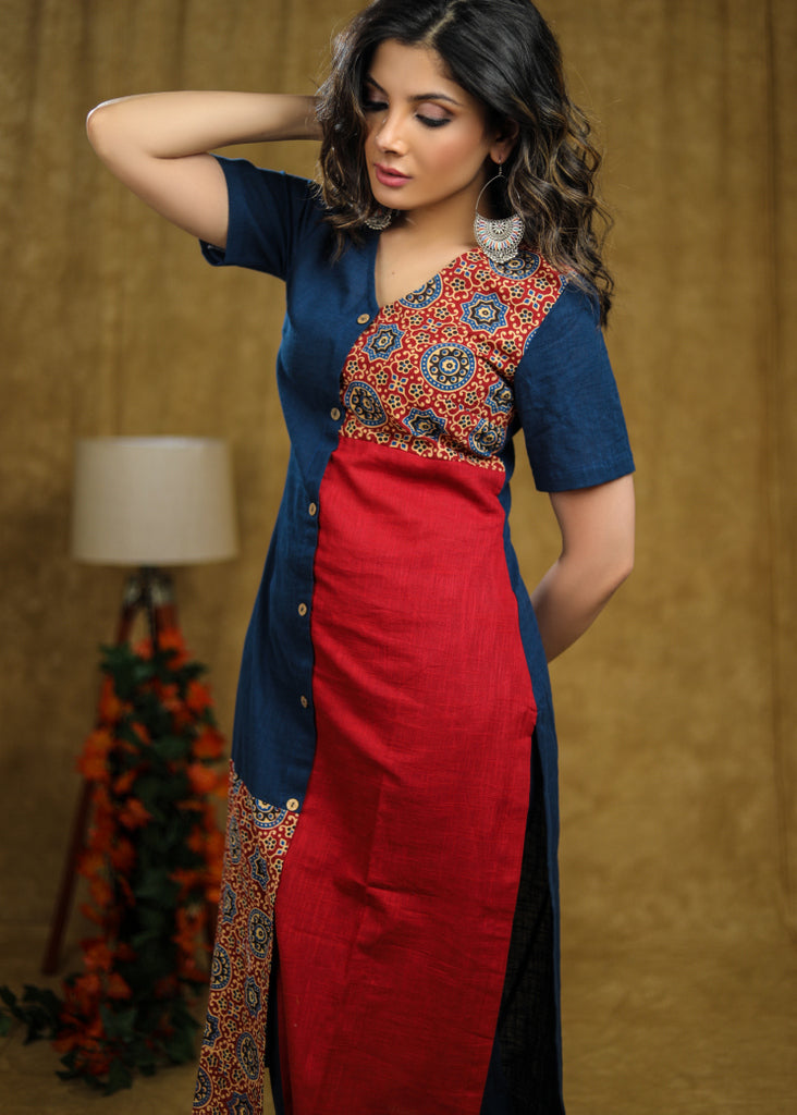 Simple and Elegant Cotton kurta with Ajrakh detailing