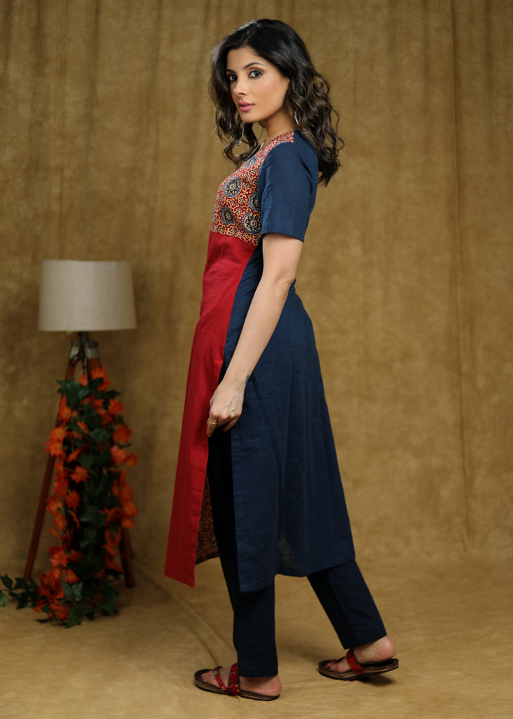 Simple and Elegant Cotton kurta with Ajrakh detailing