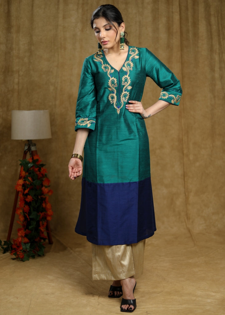 Exotic Turquoise green & Royal blue colour-blocked Cotton silk kurta with zari work on neckline