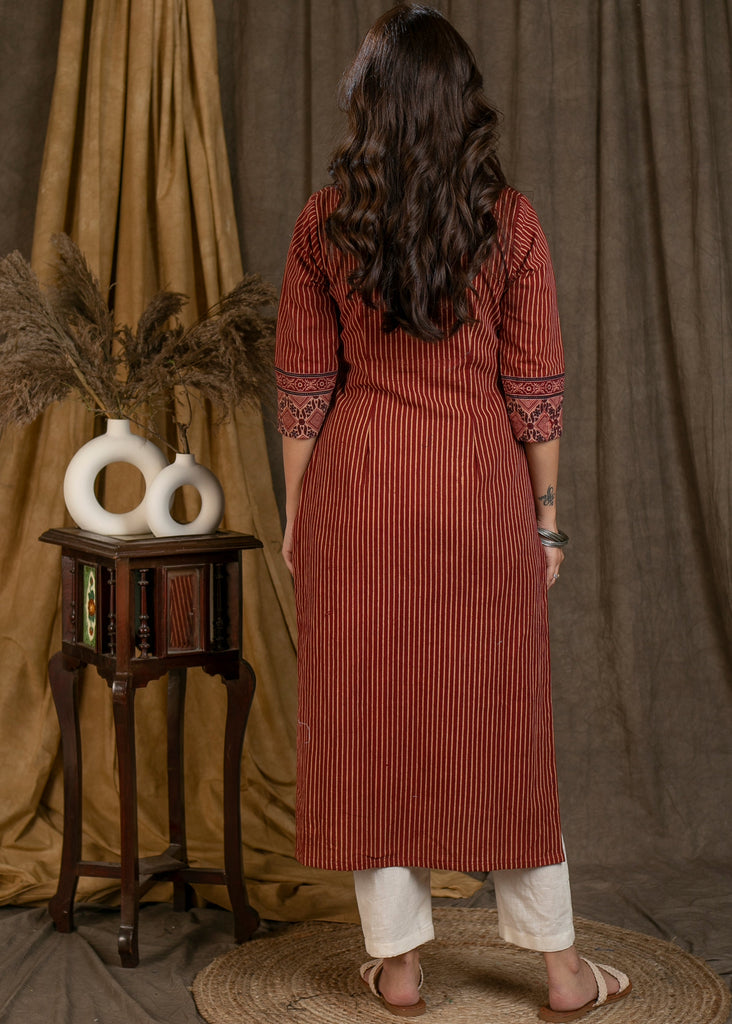 Elegant V Neckline Cotton Ajrakh Combination Straight Cut Kurta with Wooden Buttons - Pant Optional