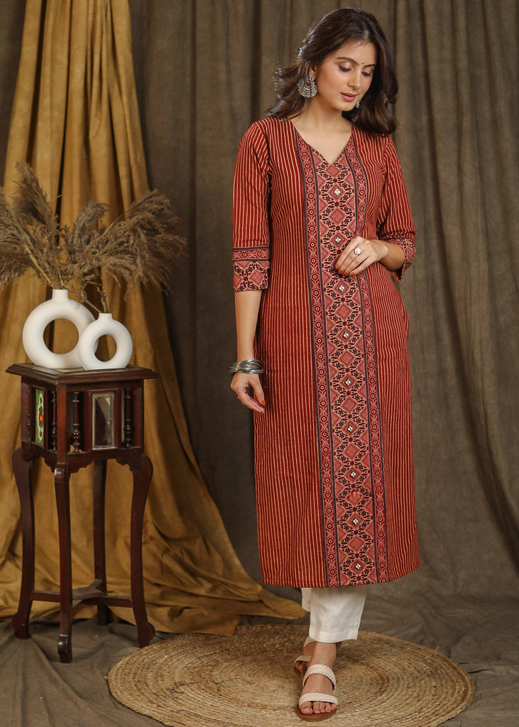 Elegant V Neckline Cotton Ajrakh Combination Straight Cut Kurta with Wooden Buttons - Pant Optional