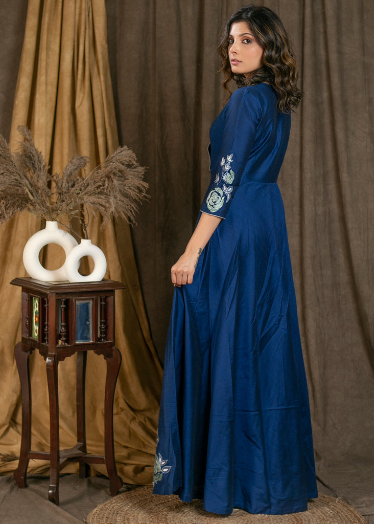 Exclusive royal gown with beautiful floral embroidery on hem and sleeves