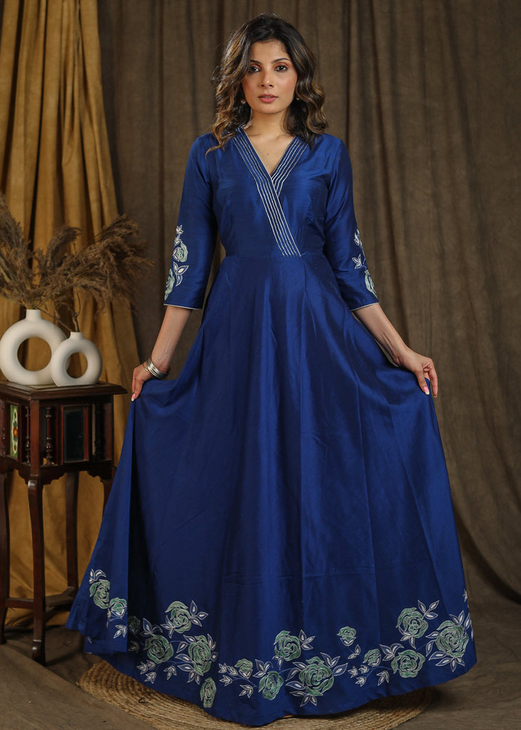 Exclusive royal gown with beautiful floral embroidery on hem and sleeves