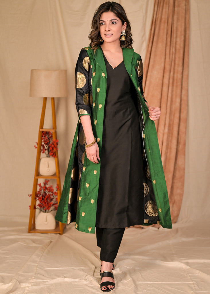 Beautiful Bottle Green and Black Brocade Jacket