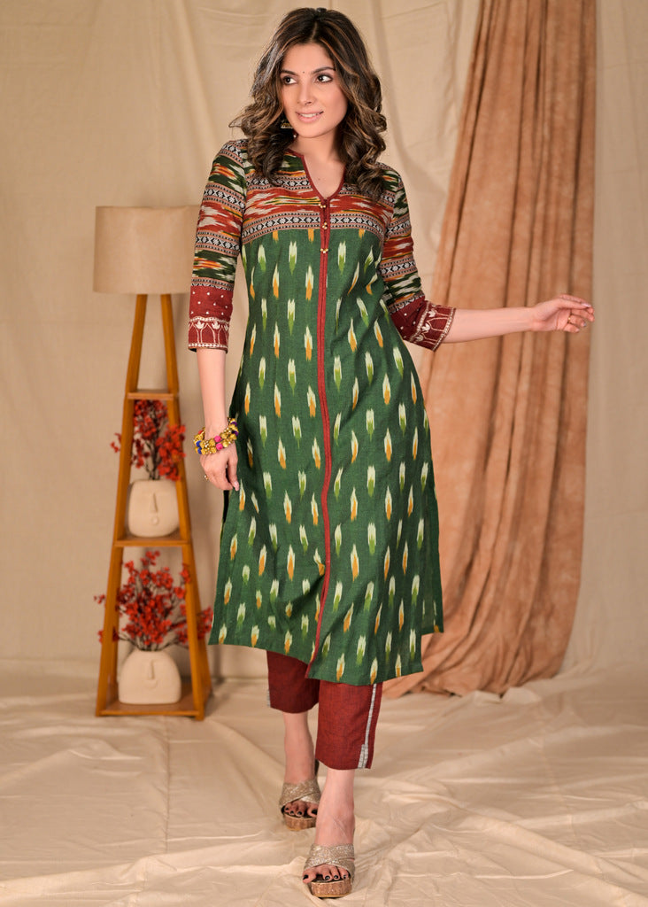 Trendy Emerald Green Combination Cotton Ikat Kurta with Embroidered Collars and Sleeves - Pant Optional