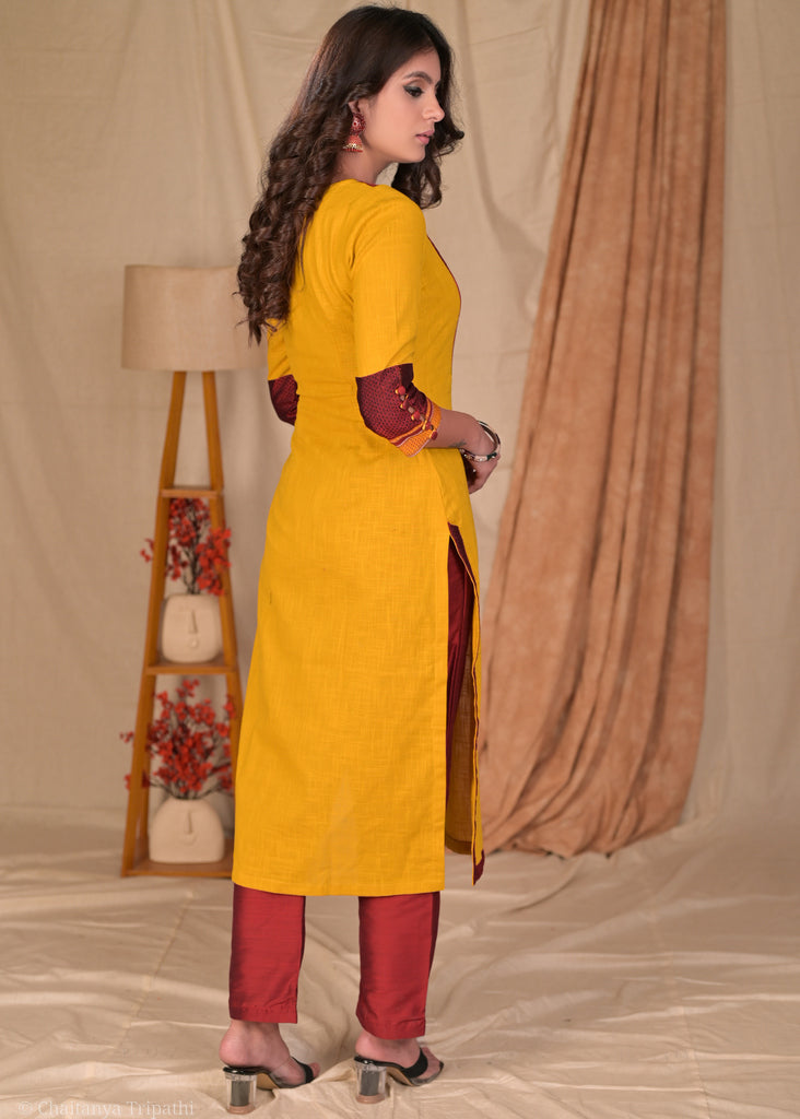 Exclusive Mustard Cotton Straight Cut Kurta with Khun Yoke - Pant Optional