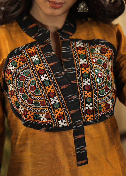 Straight cut Mustard Cotton Silk Kurta with Exclusive Hand made Kutch Mirror work and Ikat