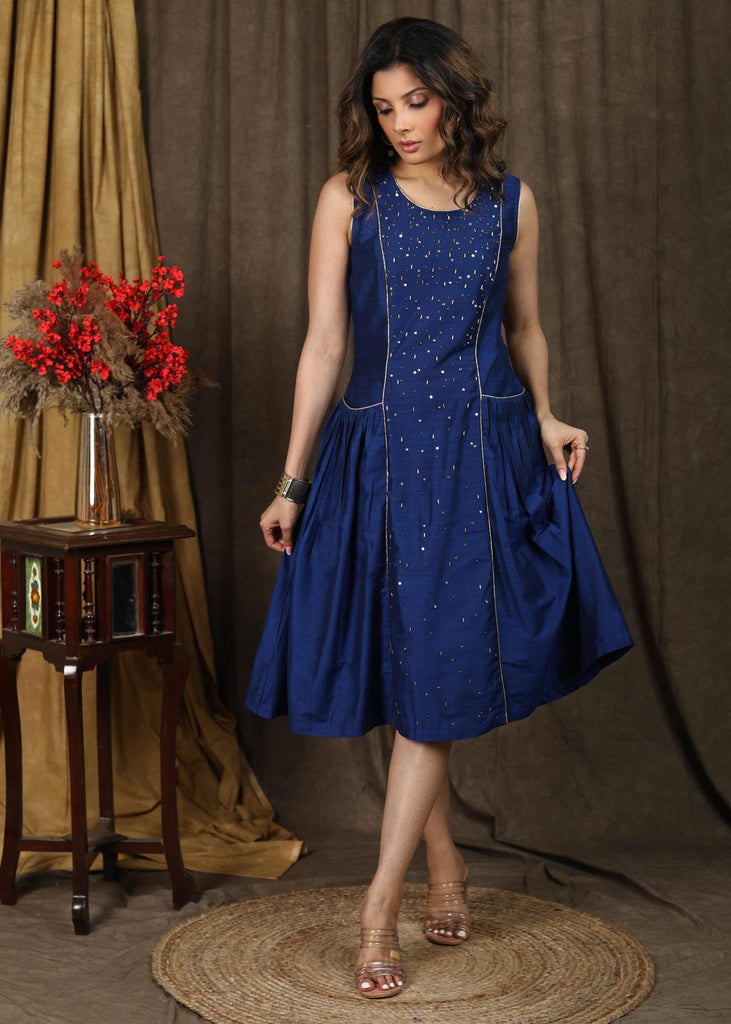 Trendy Royal blue cotton silk dress with front embroidery panel and deep pockets on the edge