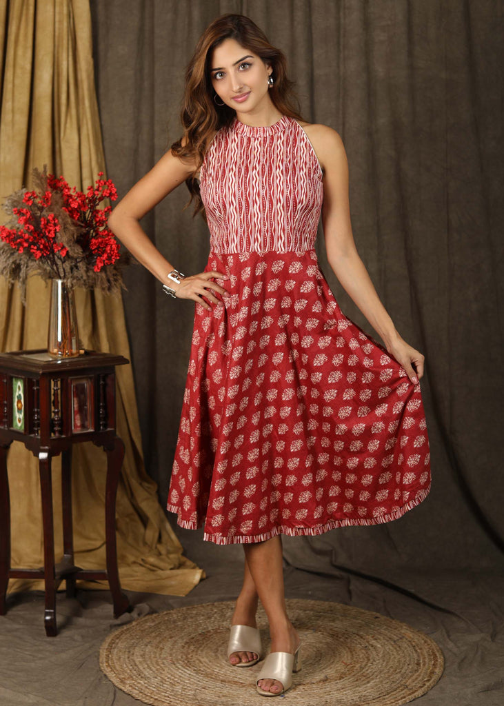 Trendy printed combination halter neck dress