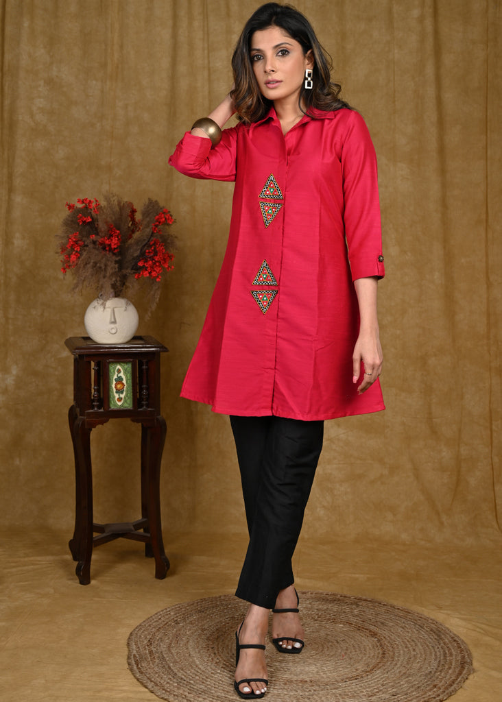 Trendy Cotton Silk Collared Kurta With handmade Kutch Mirror Work Patch