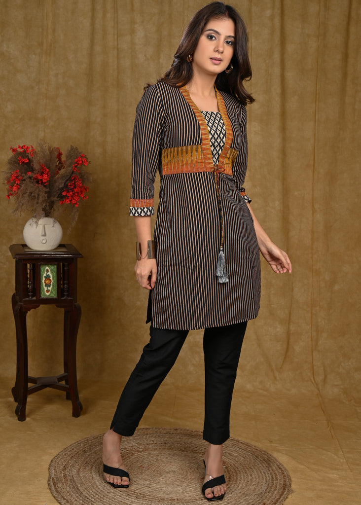 Exclusive A-Line Stripes Cotton Ajrakh Tunic with Contrast Ikat Detailing.