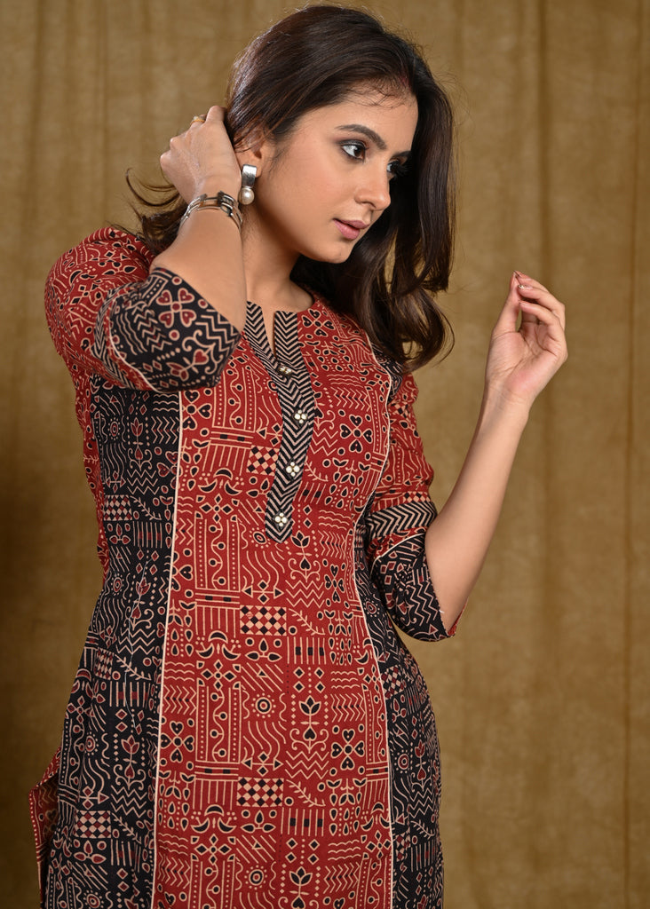 Graceful Cotton Ajrakh Combination Tunic with Wooden Buttons on Yoke