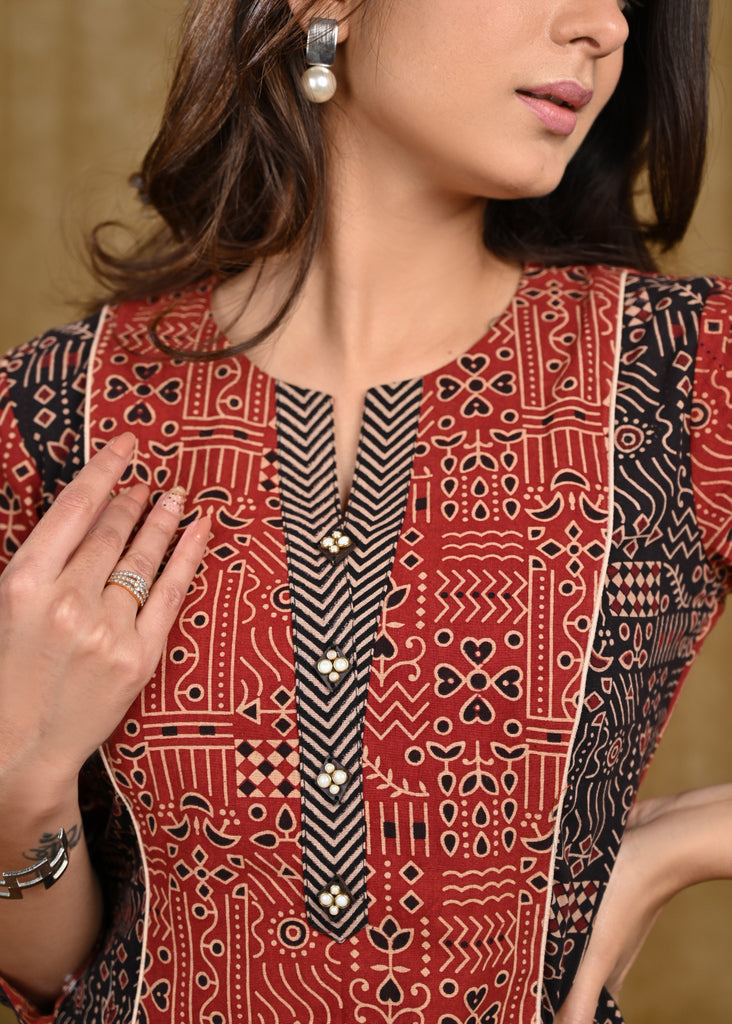 Graceful Cotton Ajrakh Combination Tunic with Wooden Buttons on Yoke