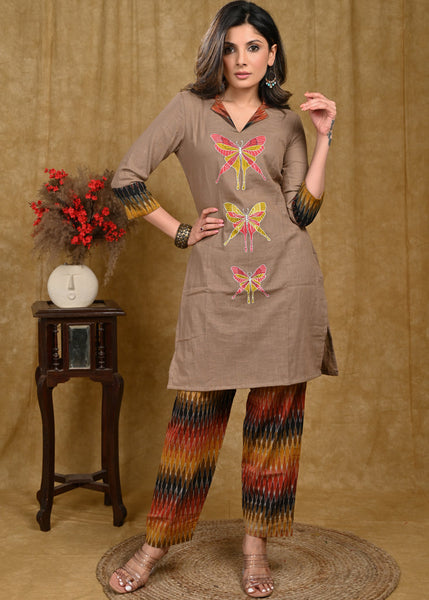 Exclusive Cotton Ikat Combination Tunic with Beautiful Butterfly Hand Painting