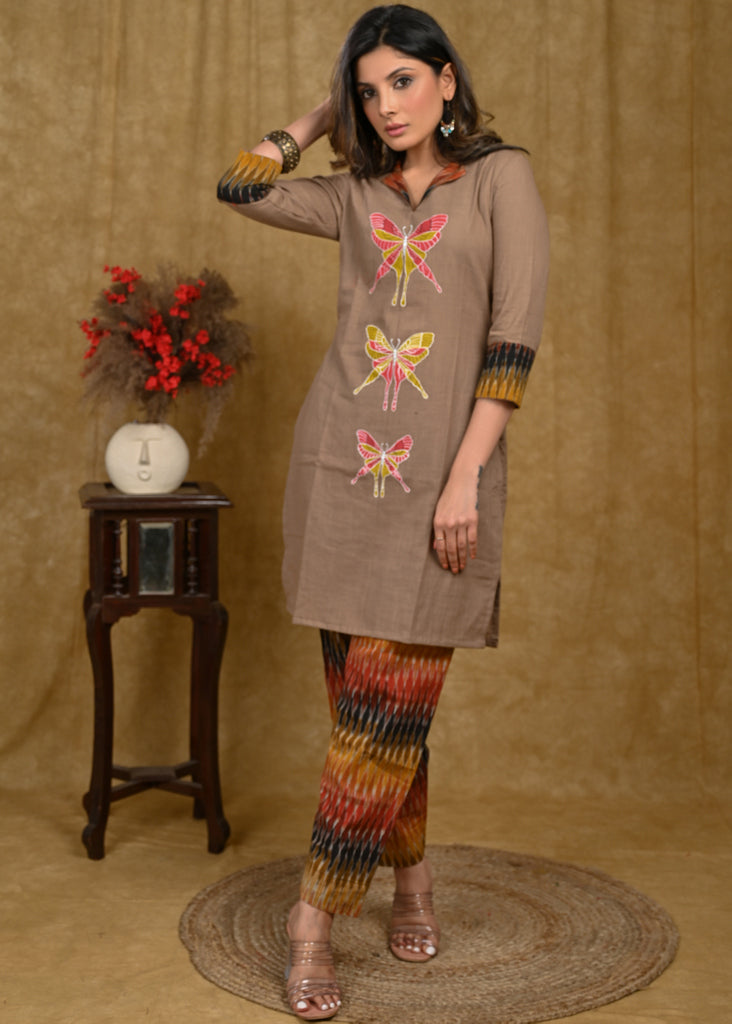 Exclusive Cotton Ikat Combination Tunic with Beautiful Butterfly Hand Painting