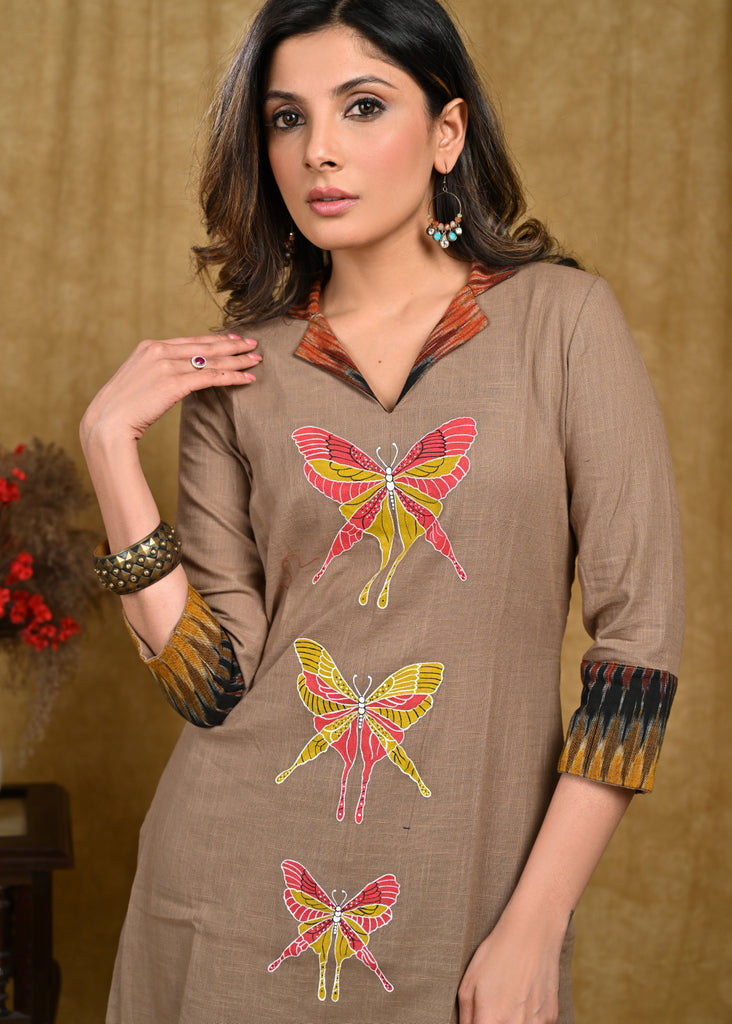 Exclusive Cotton Ikat Combination Tunic with Beautiful Butterfly Hand Painting