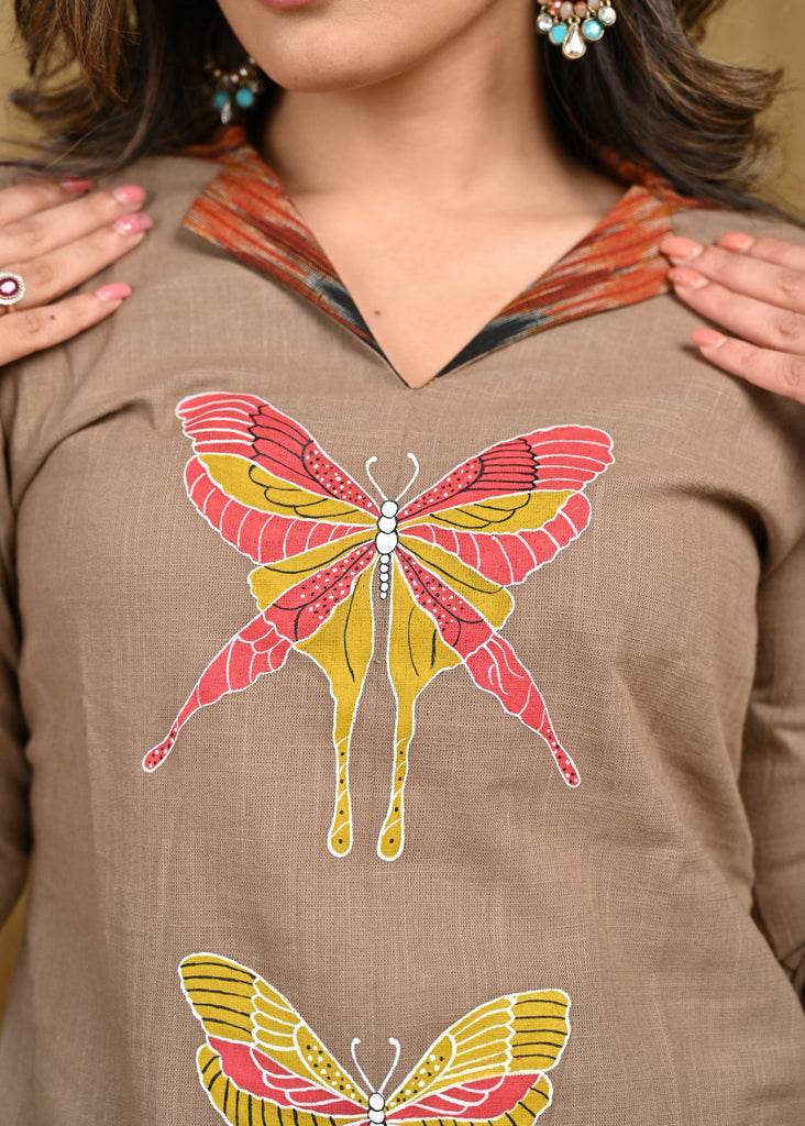 Exclusive Cotton Ikat Combination Tunic with Beautiful Butterfly Hand Painting