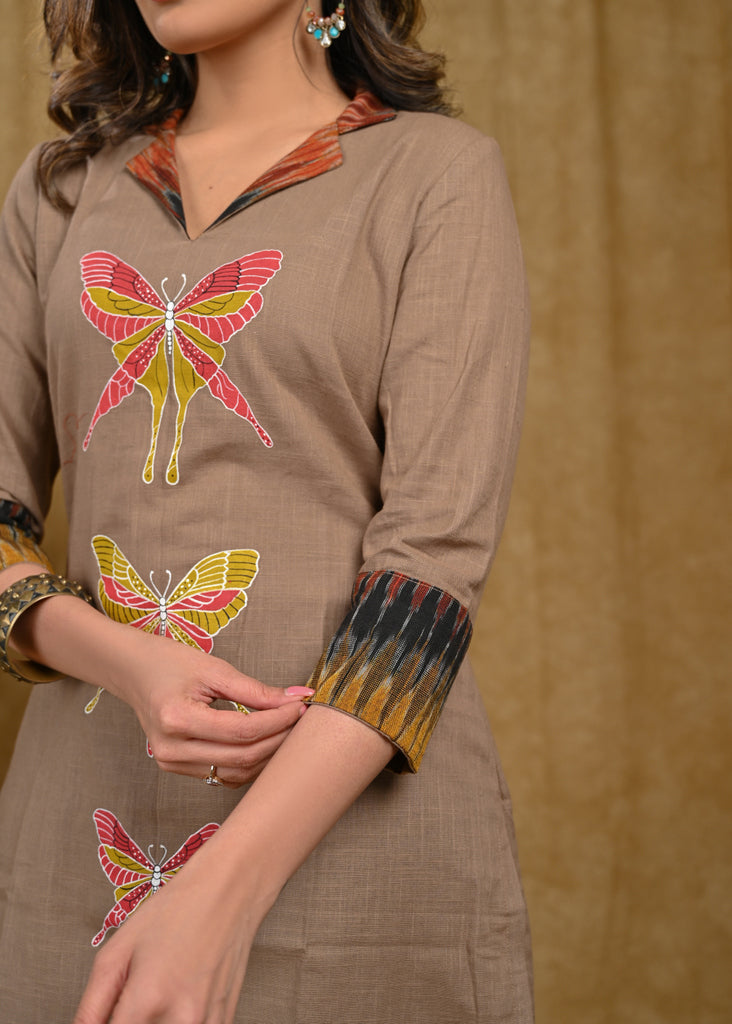 Exclusive Cotton Ikat Combination Tunic with Beautiful Butterfly Hand Painting