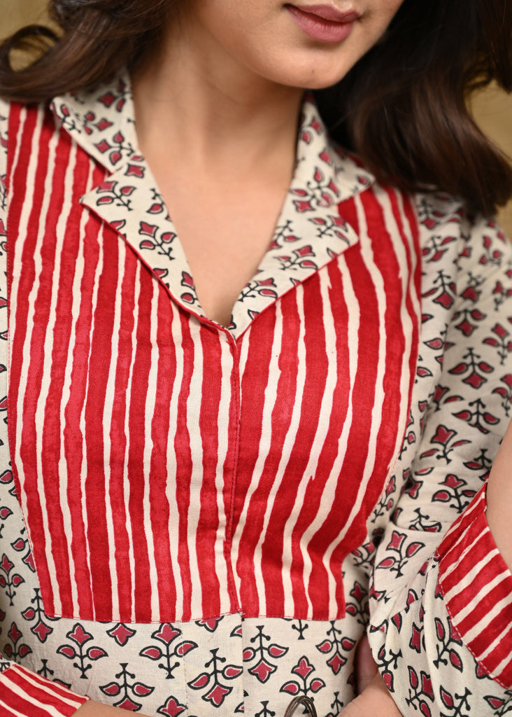 Stylish Collared Straight-Cut Cotton Mix Match Tunic