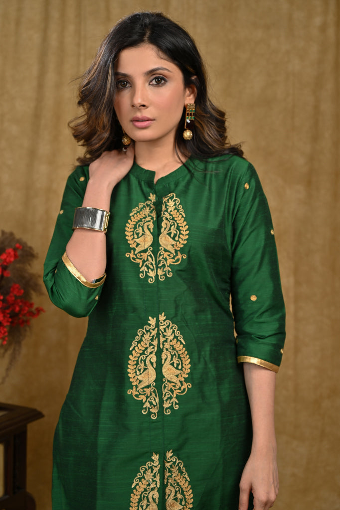 Elegant Green Cotton Silk Tunic with Peacock Embroidered Motifs in Front