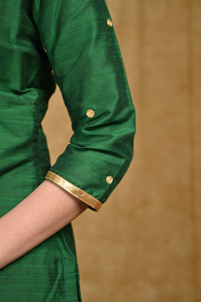 Elegant Green Cotton Silk Tunic with Peacock Embroidered Motifs in Front