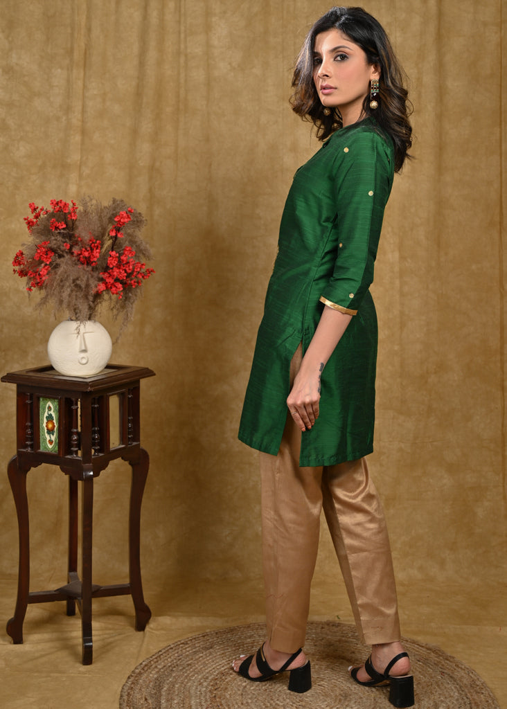 Elegant Green Cotton Silk Tunic with Peacock Embroidered Motifs in Front
