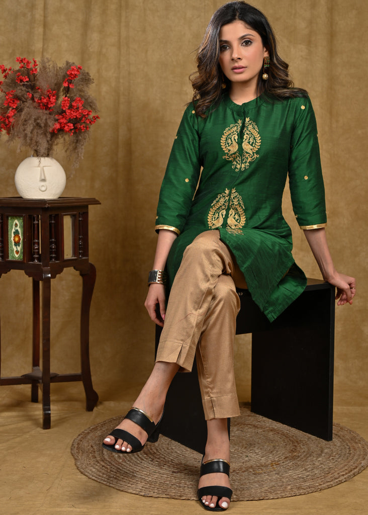 Elegant Green Cotton Silk Tunic with Peacock Embroidered Motifs in Front