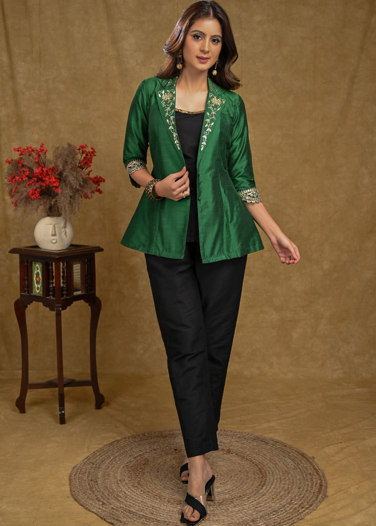 Forest Green Cotton Silk Embroidered Collar Jacket