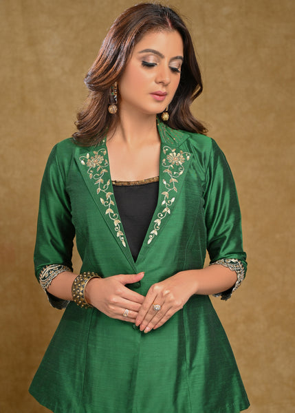 Forest Green Cotton Silk Embroidered Collar Jacket