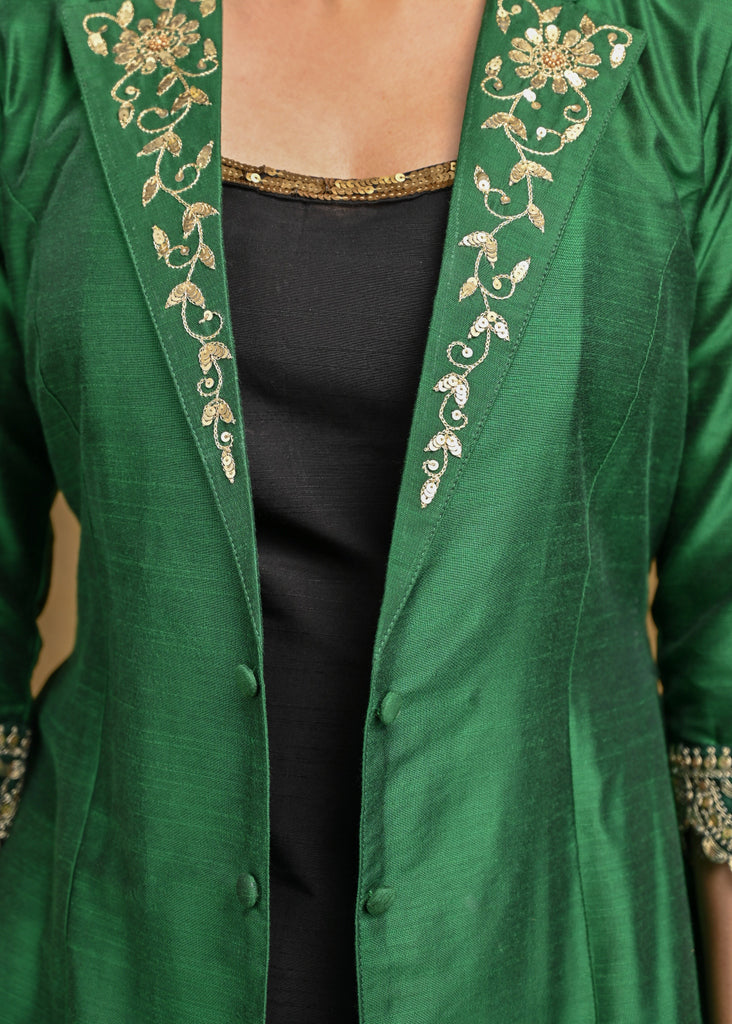 Forest Green Cotton Silk Embroidered Collar Jacket