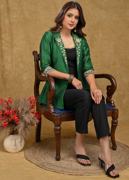 Forest Green Cotton Silk Embroidered Collar Jacket