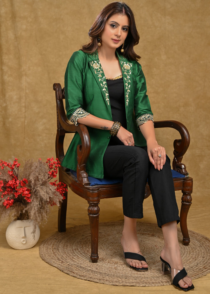 Forest Green Cotton Silk Embroidered Collar Jacket