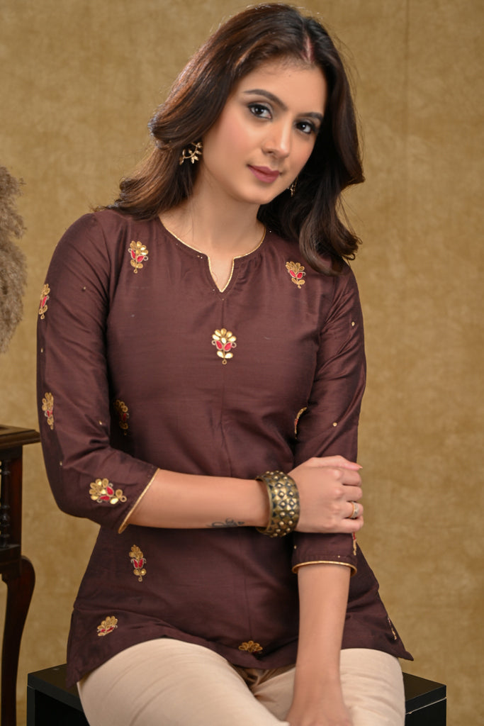 Brown Cotton Silk Top with All over Delicate Embroidery