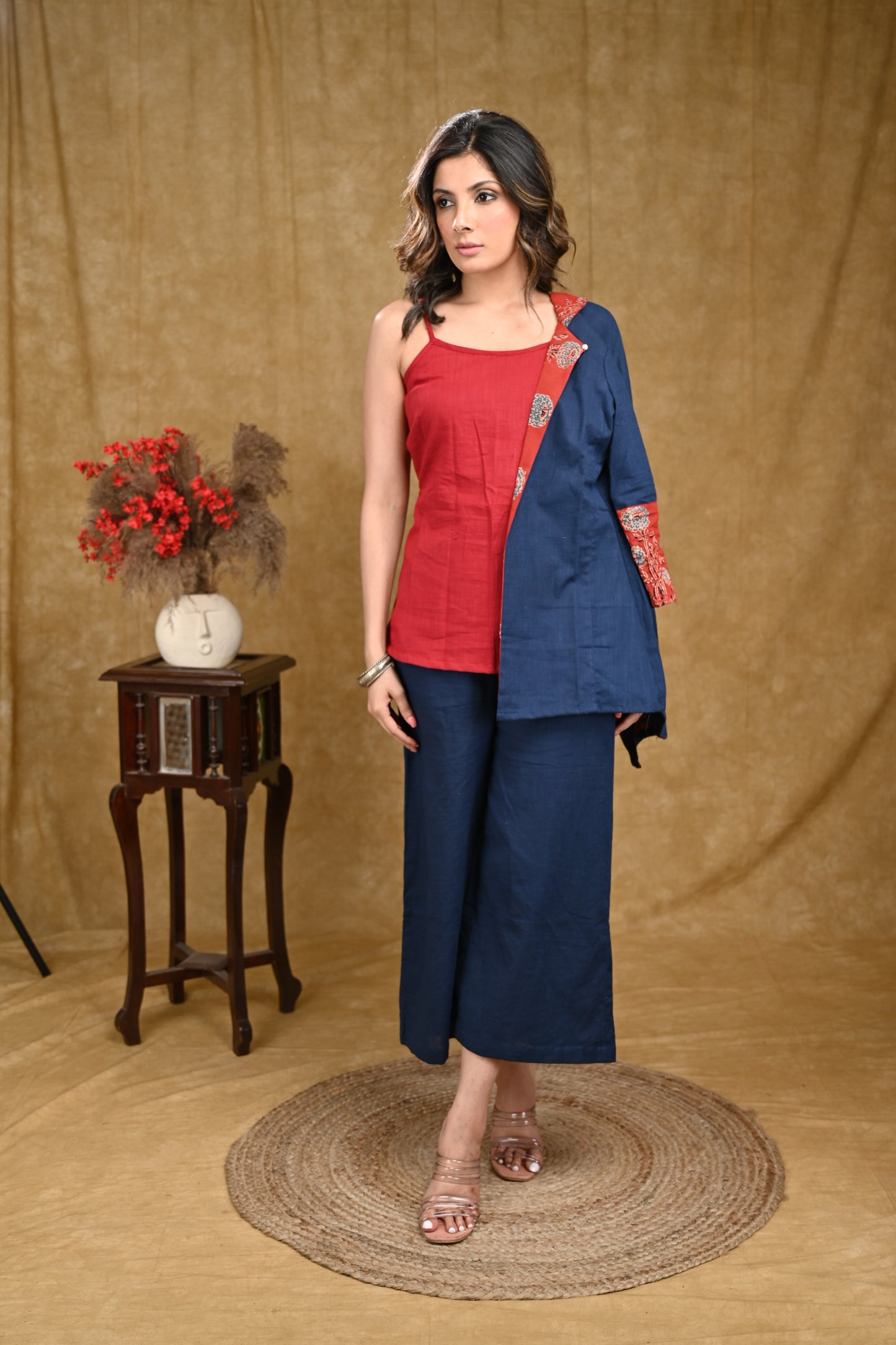 Elegant Blue Cotton Jacket with Ajrakh Collar and Plain Inner