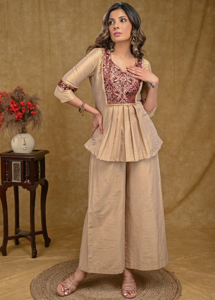 Beige Cotton Silk Top with Banarasi Yoke
