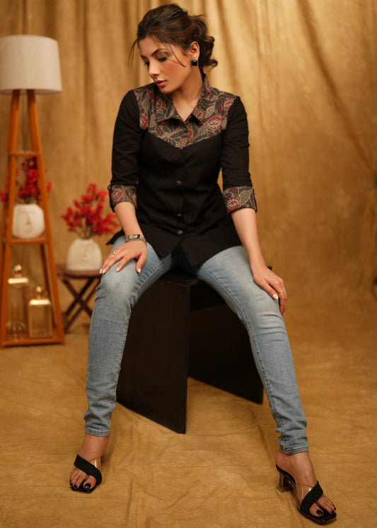 Exclusive Black Shirt with Kantha Ajrakh Combination and Turn Up Sleeves