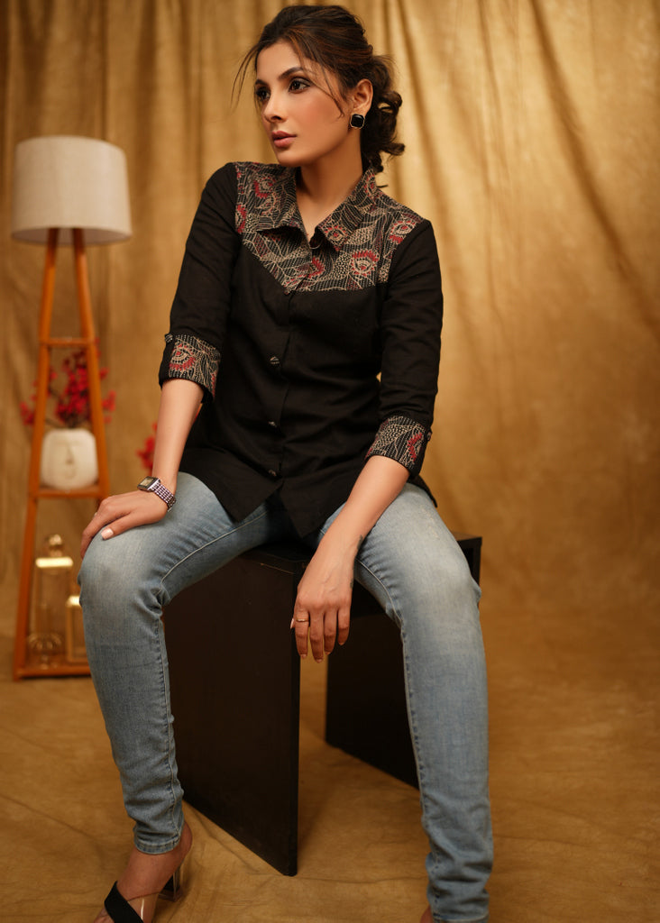 Exclusive Black Shirt with Kantha Ajrakh Combination and Turn Up Sleeves
