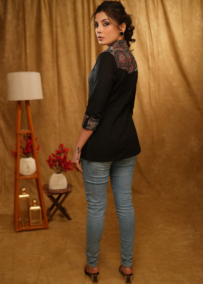 Exclusive Black Shirt with Kantha Ajrakh Combination and Turn Up Sleeves