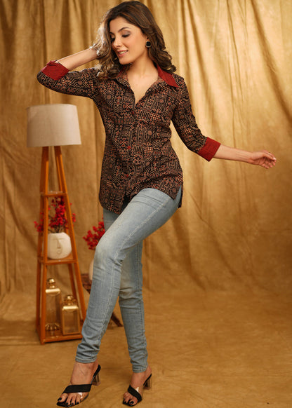 Exclusive Ajrakh Shirt with Plain Classic Collar and Turn Up Sleeves