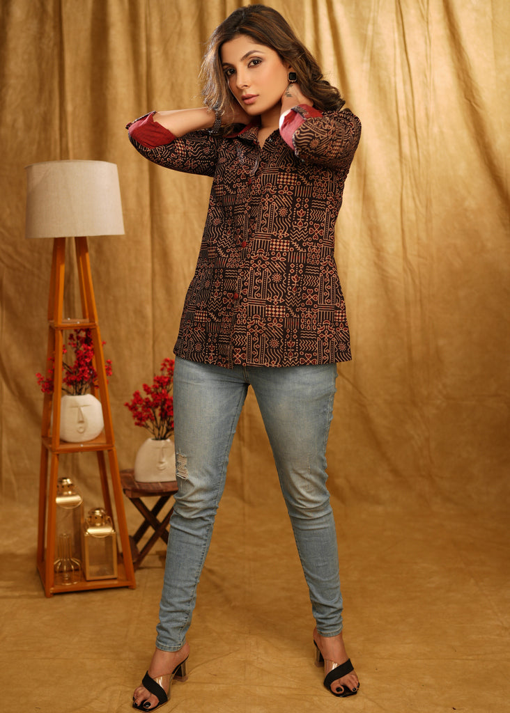 Exclusive Ajrakh Shirt with Plain Classic Collar and Turn Up Sleeves