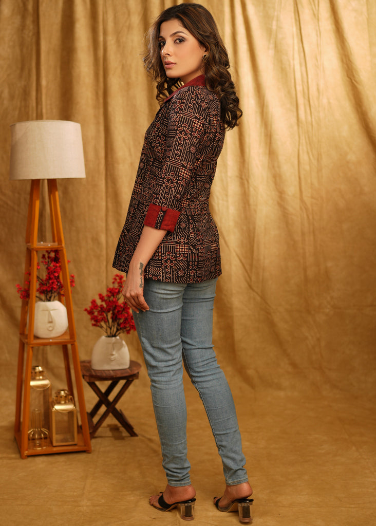 Exclusive Ajrakh Shirt with Plain Classic Collar and Turn Up Sleeves