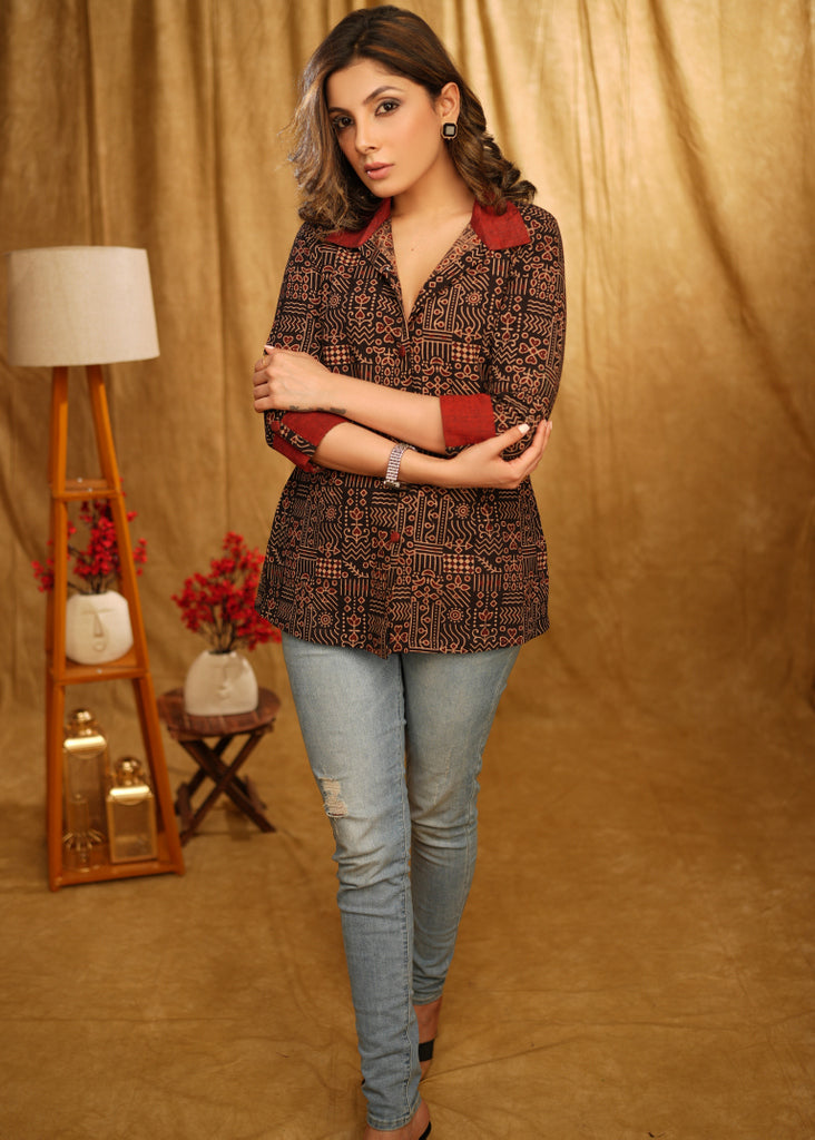 Exclusive Ajrakh Shirt with Plain Classic Collar and Turn Up Sleeves