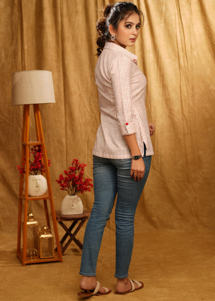 Smart Red and White Cotton Striped Shirt with Beautiful Rose Embroidery