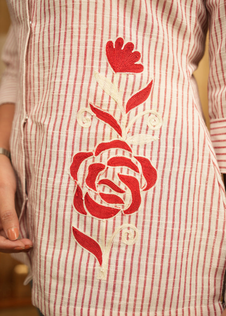 Smart Red and White Cotton Striped Shirt with Beautiful Rose Embroidery