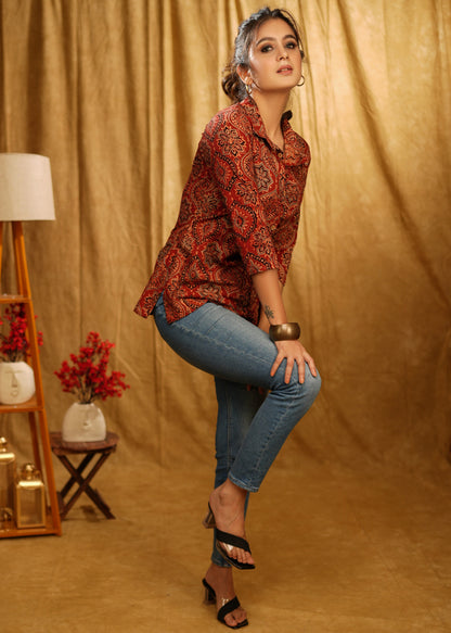 Elegant Maroon Ajrakh Mugal Print Shirt