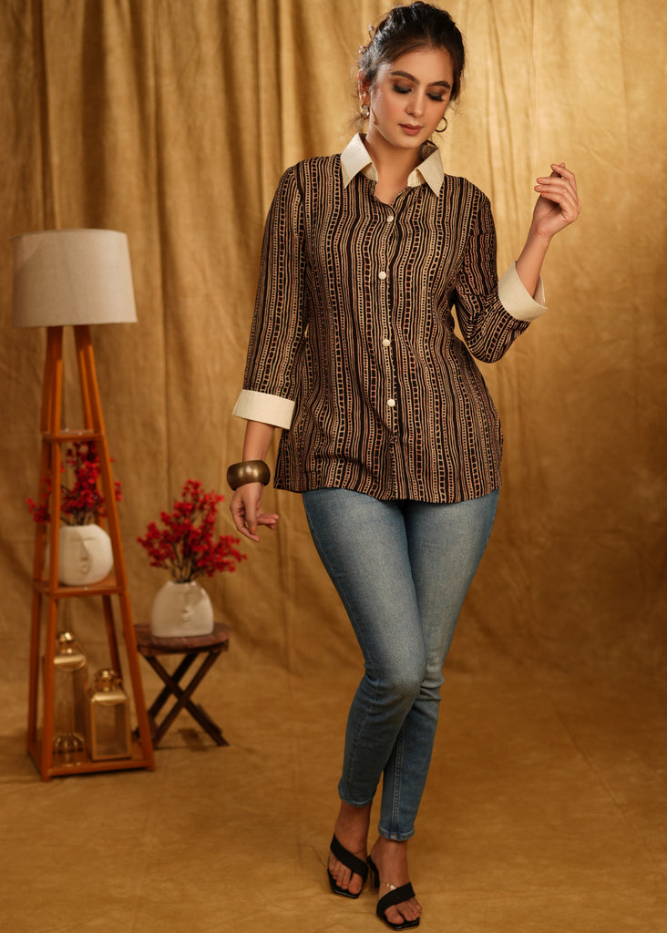 Smart Ajrakh with Stripe Combination Printed Shirt with Turn Up Sleeves