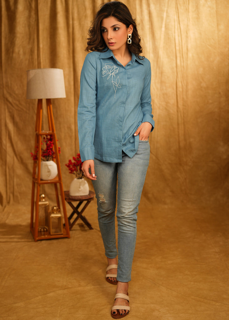 Smart Casual Powder Blue Shirt with Beautiful Embroidered Rose Motif