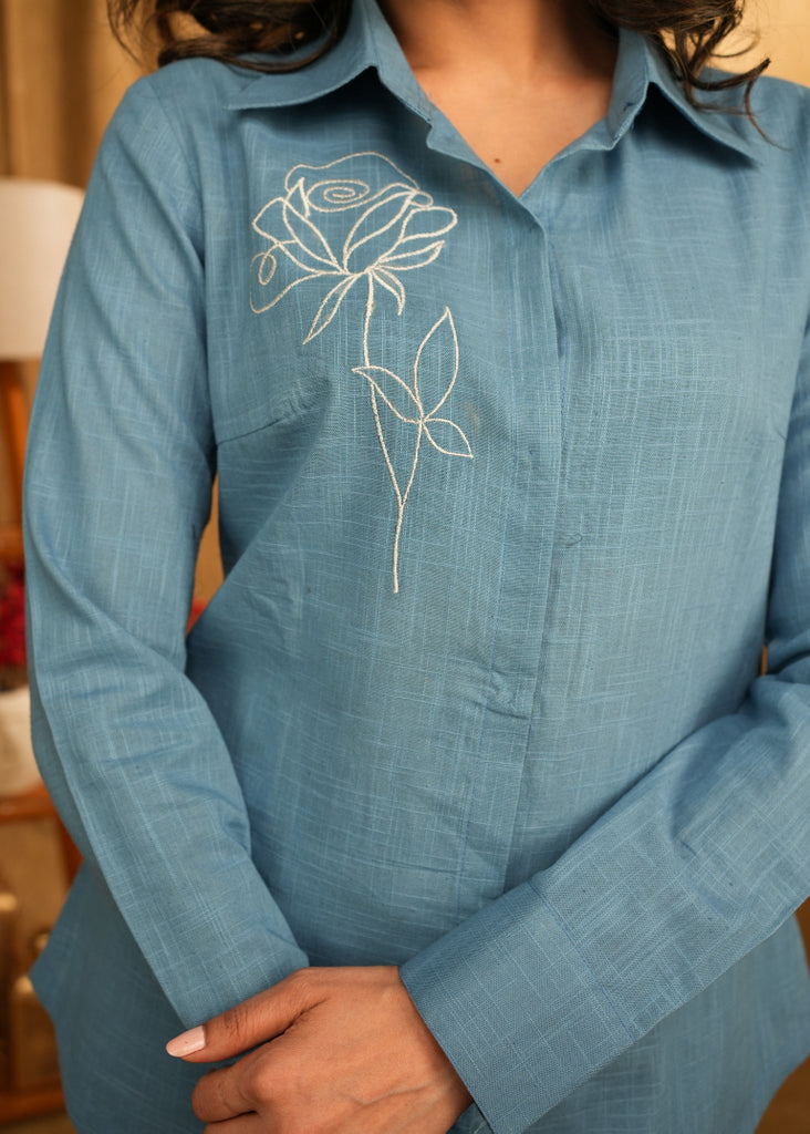 Smart Casual Powder Blue Shirt with Beautiful Embroidered Rose Motif
