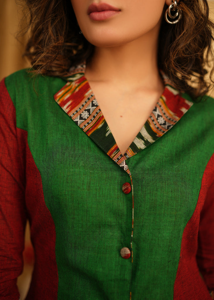 Exclusive Red & Green Cotton Combination Shirt with Ikat Collar and Turn Up Sleeves
