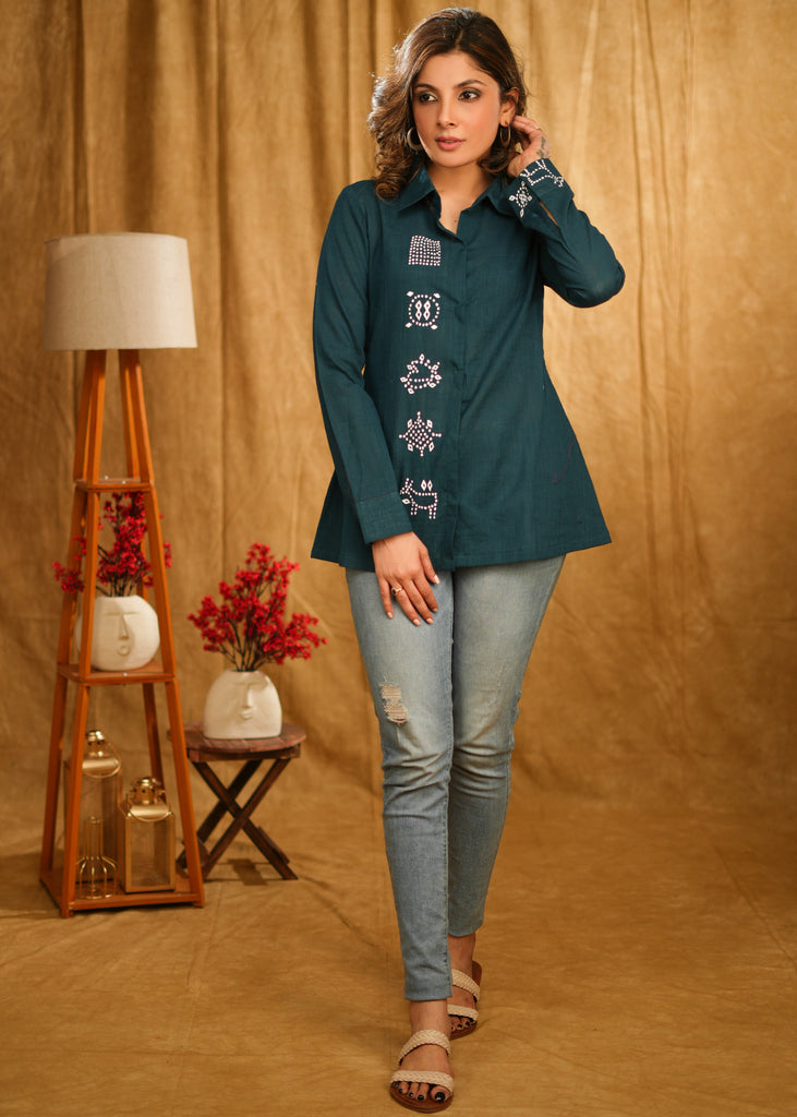 Elegant Teal Handpainted Shirt with Bandhani Motifs on Cuffs and Front Panel